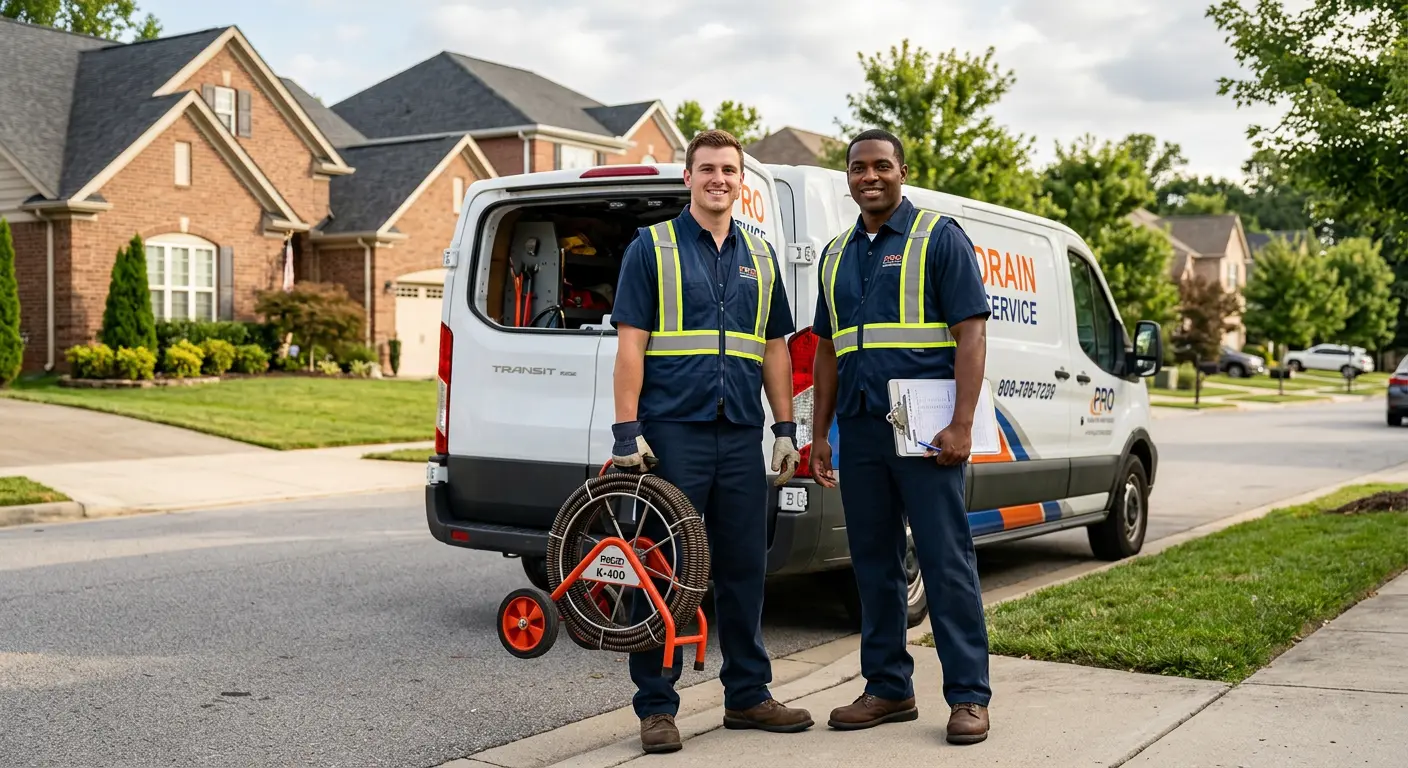 Sewer and drain service team with equipment ready for work in Marshall