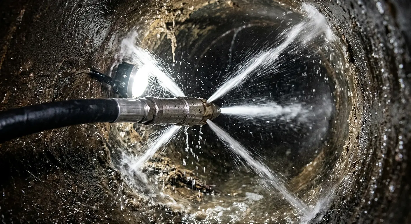 High-pressure hydro jetting nozzle cleaning sewer pipe for Emergency Drain Service in Marshall