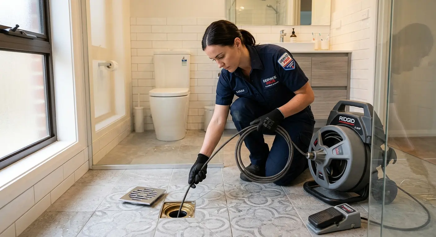 Technician clearing a bathroom floor drain for Drain Repair in Marshall